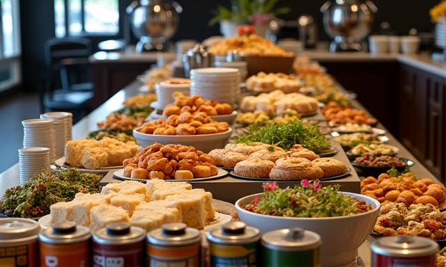 A combined spread of coffee, pastries, sandwiches, and salads representing 'The Full Spread' catering package