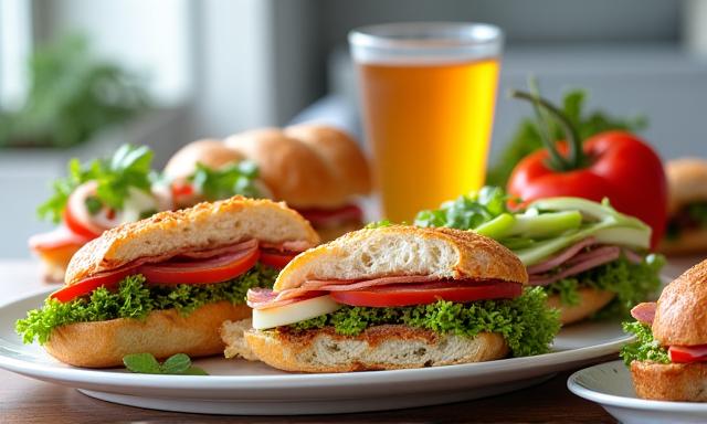 Gourmet sandwiches, fresh salads, and refreshing drinks for 'The Lunch Social' catering package