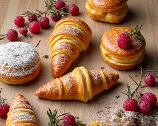 Assortment of freshly baked pastries and cakes