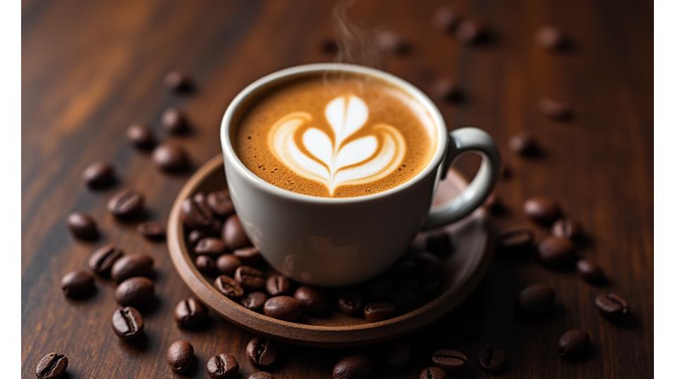 Artisanal coffee cup with latte art on a wooden table with coffee beans scattered around
