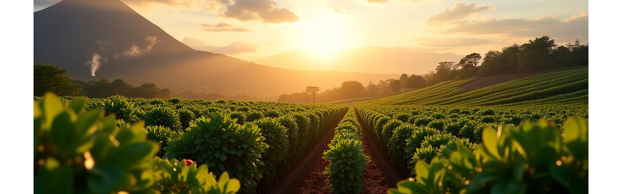 Lush coffee plantation at sunrise, symbolizing the origin of Lava Bean Cafe's journey