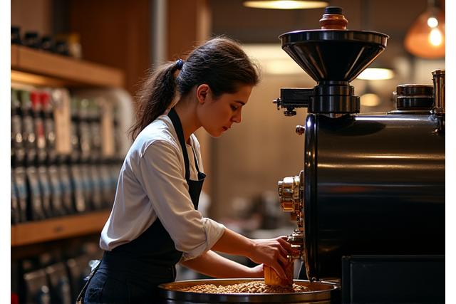 Barista expertly roasting coffee beans in a modern roastery, steam rising