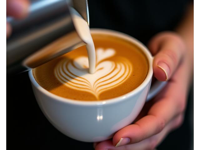 Close-up view of a barista pouring milk into espresso to create a heart shape in latte art.